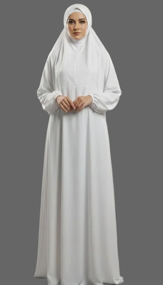One Piece Prayer Dress with Attached Hijab - Free Size with Travel Pouch | Salah Dress | Namaz Dress - White Colour