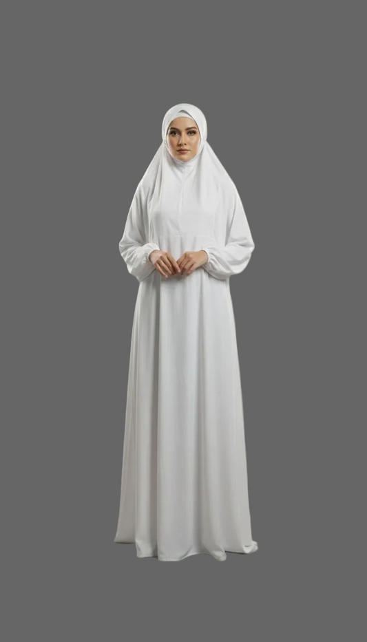 One Piece Prayer Dress with Attached Hijab - Free Size with Travel Pouch | Salah Dress | Namaz Dress - White Colour