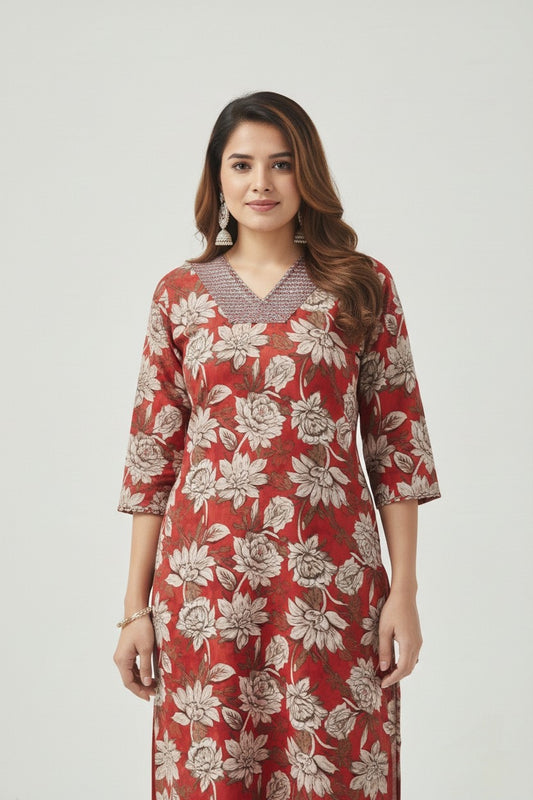Floral Prints Rayon Kurtha And Plazzo Pant Collar V-Neck Pattern - CS678