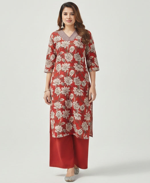 Floral Prints Rayon Kurtha And Plazzo Pant Collar V-Neck Pattern - CS678